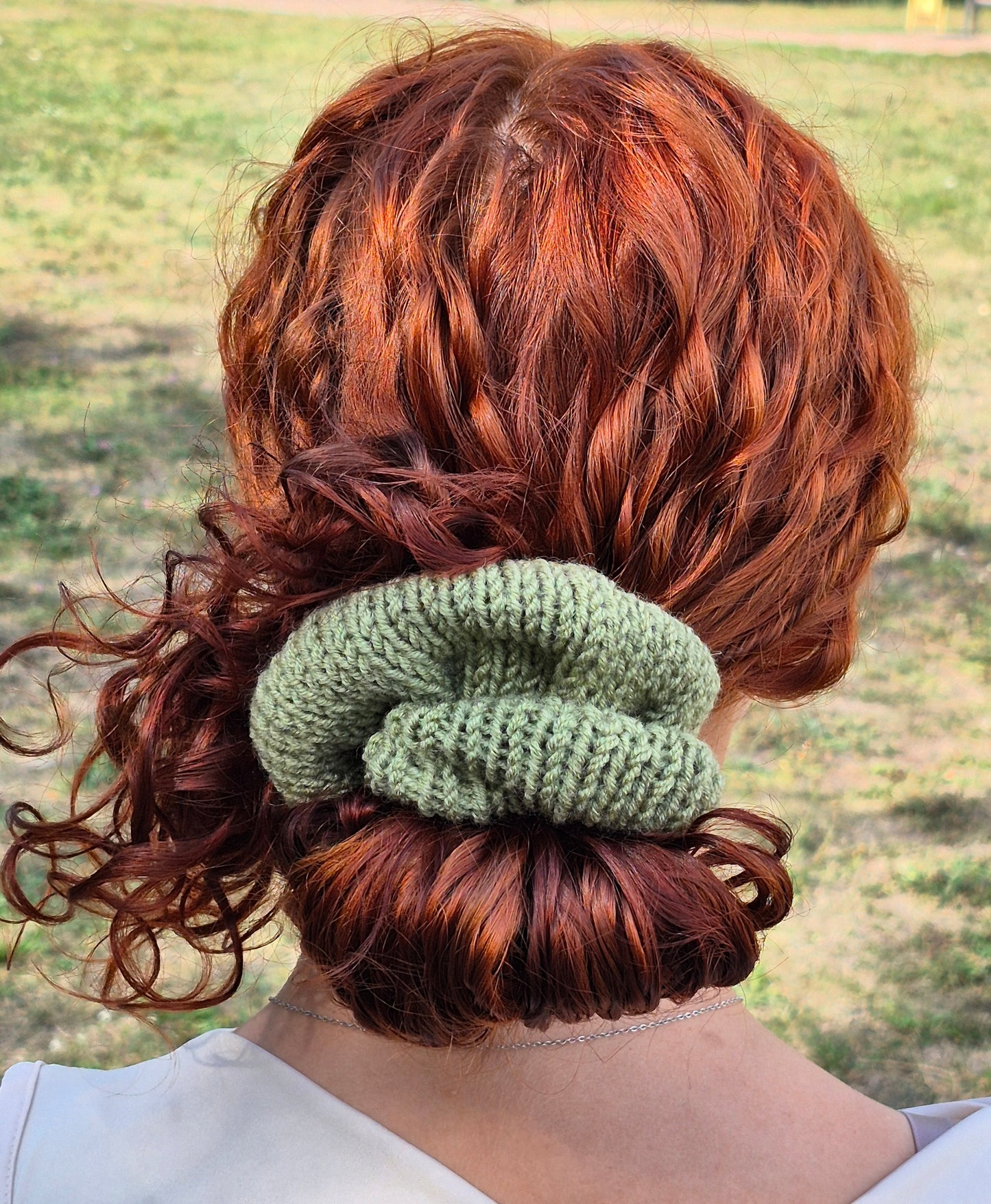 Olive Green Wool Scrunchie – Hand Knit Hair Accessory