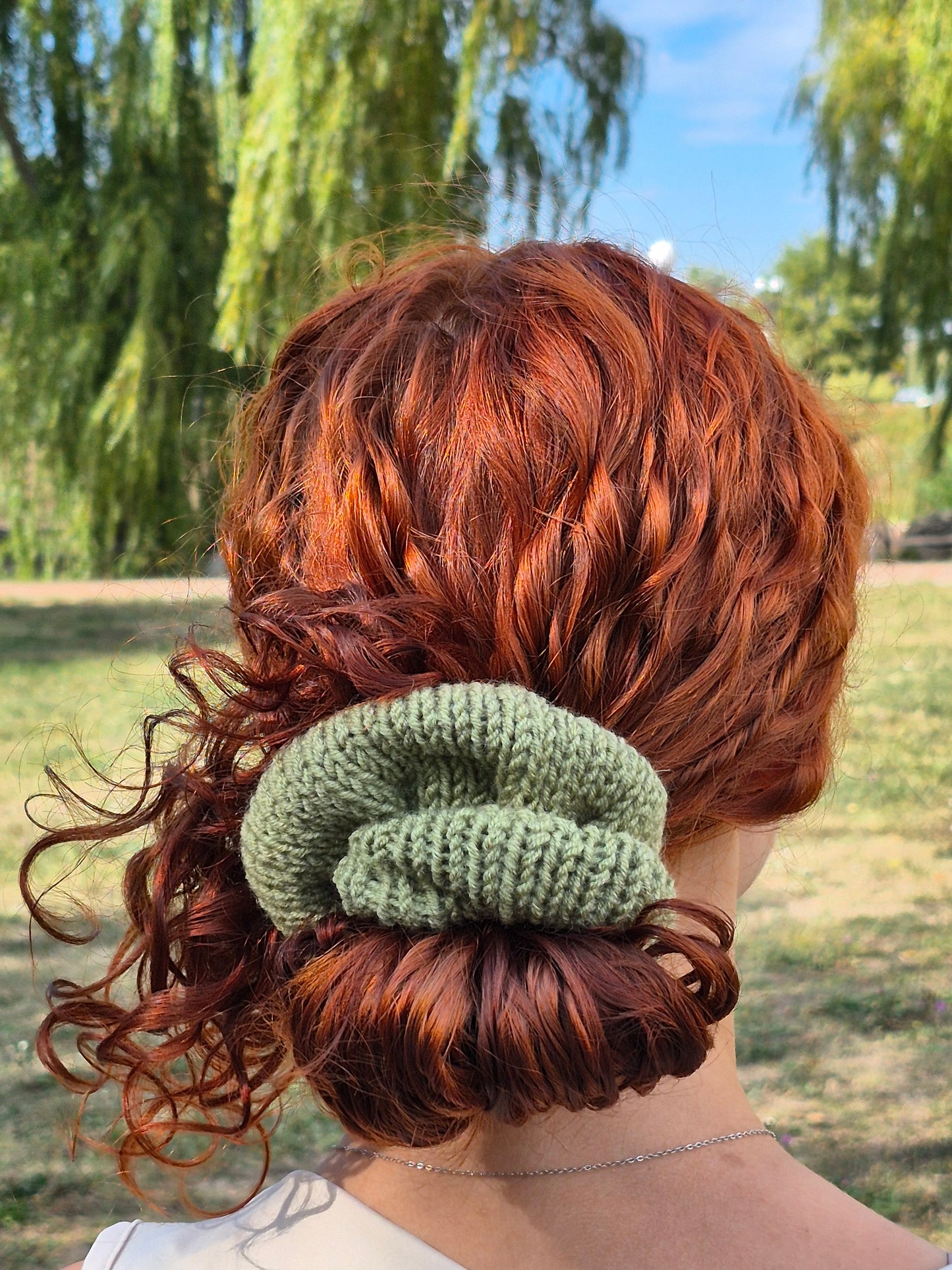 Olive Green Wool Scrunchie – Hand Knit Hair Accessory