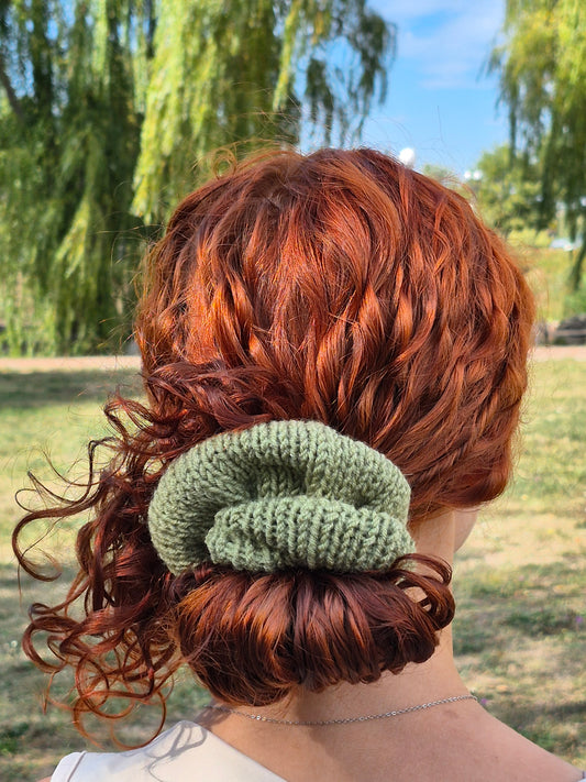 Olive Green Wool Scrunchie – Hand Knit Hair Accessory