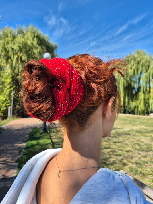 Red Wool & Lurex Scrunchie – Chunky Hand Knit Hair Accessory