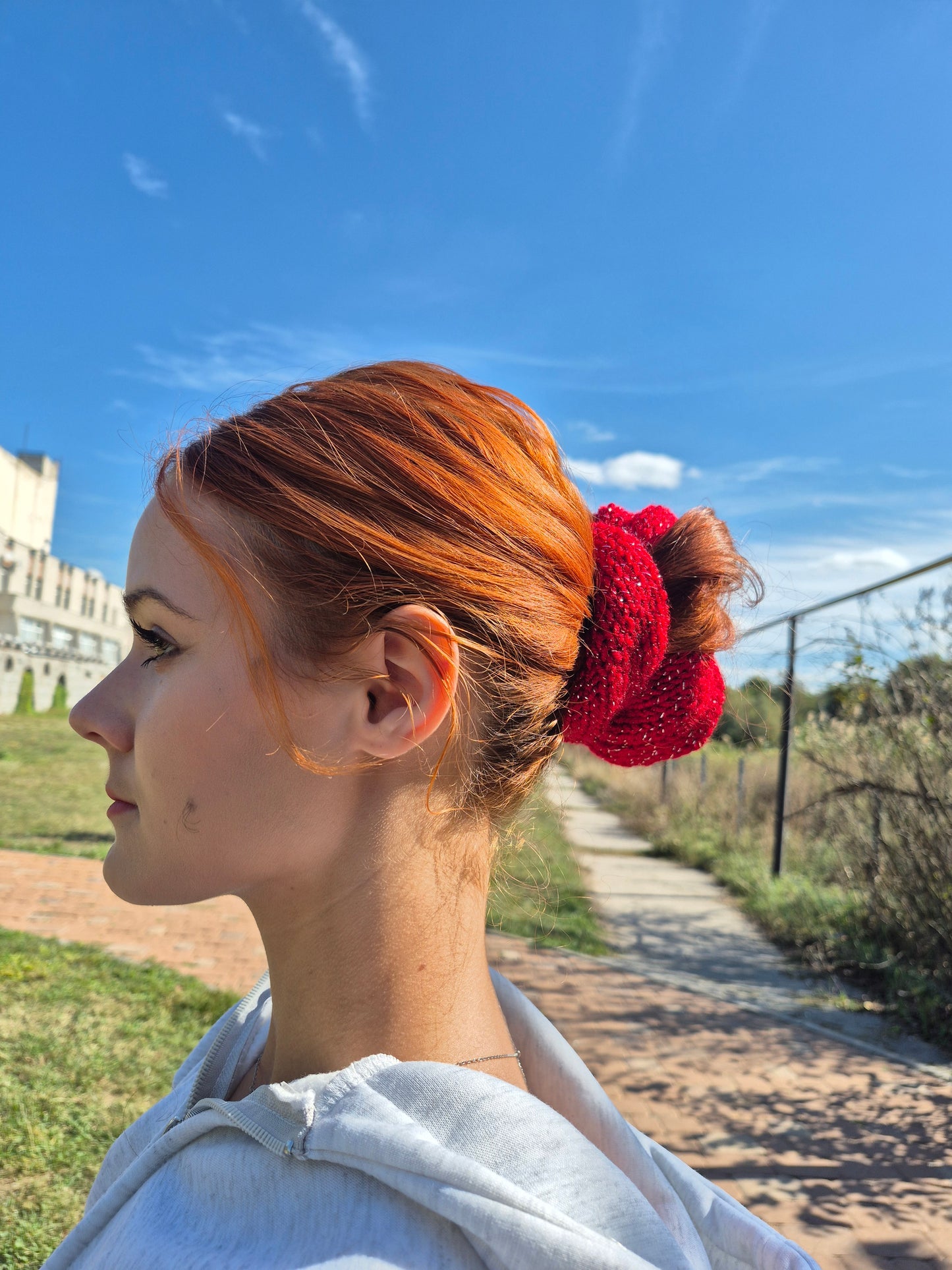 Red Wool & Lurex Scrunchie – Chunky Hand Knit Hair Accessory